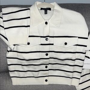 Ellen Tracy Black and White Striped Button Sweater